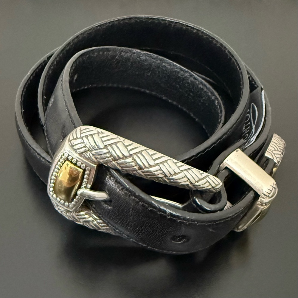 Vintage BRIGHTON B2903 Black Leather Belt 2-tone Buckle Skinny Belt Size L 32-36